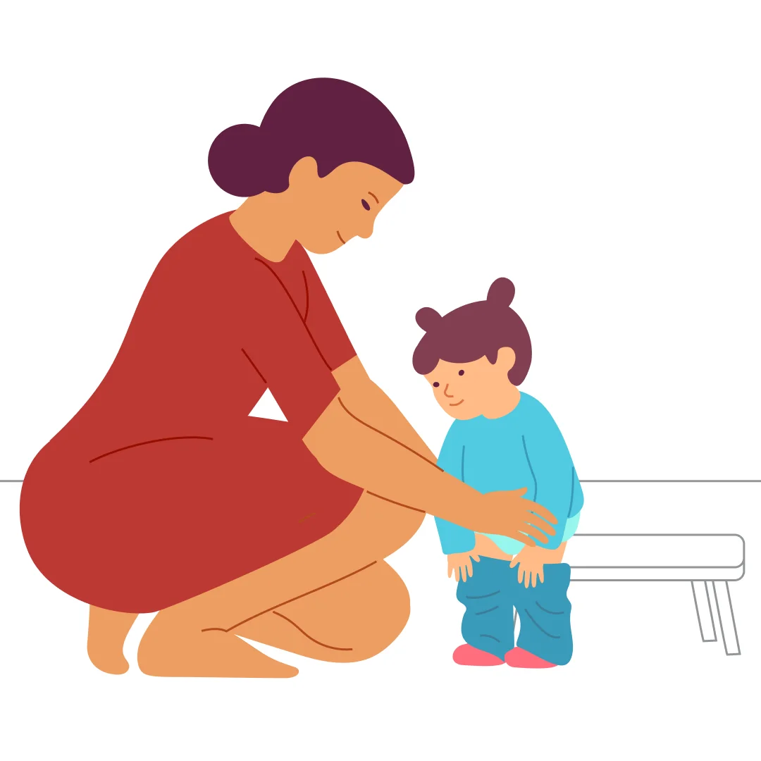 Illustration for “Get Dressed”, step 3: Say: “Stand up.” Point to the waistband and say: “Hold here.