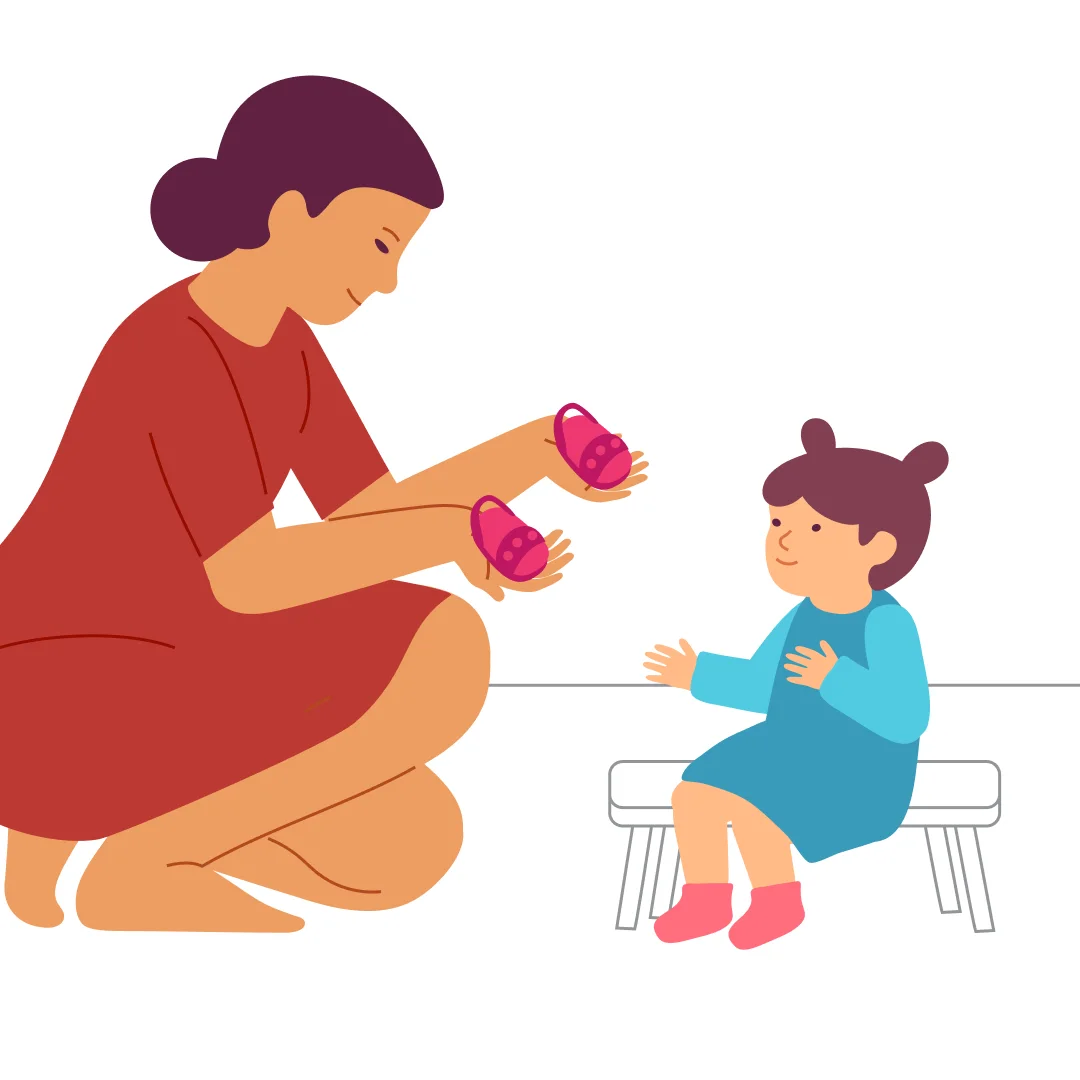 Illustration for “Put On Shoes”, step 1: Prepare the spot: A comfy low bench or small chair will do.