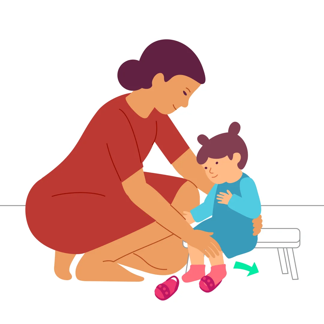 Illustration for “Put On Shoes”, step 2: Set up and start with the first foot: Place your child’s sandals in front of the chair, a little distance apart.