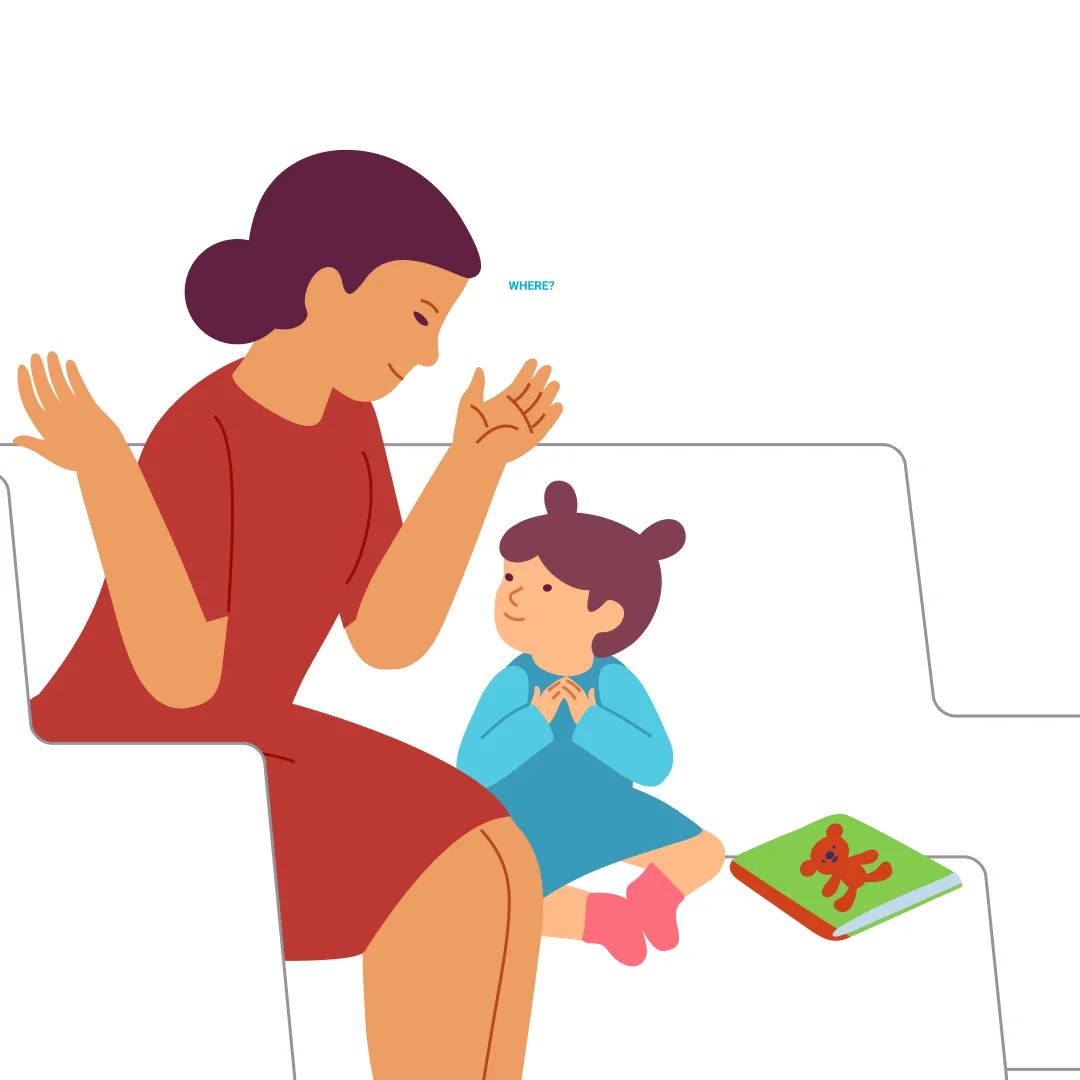 Illustration for “Tale Time”, step 3: After finishing the story, ask your child questions about what the characters did.