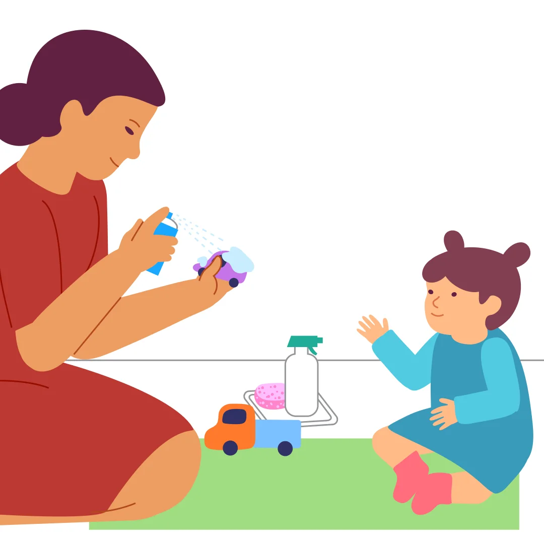 Illustration for “Car Wash with Cars”, step 1: Prepare the space: a plastic sheet on the floor, toy cars, a spray bottle, and a child-safe foam (play foam or shaving foam).