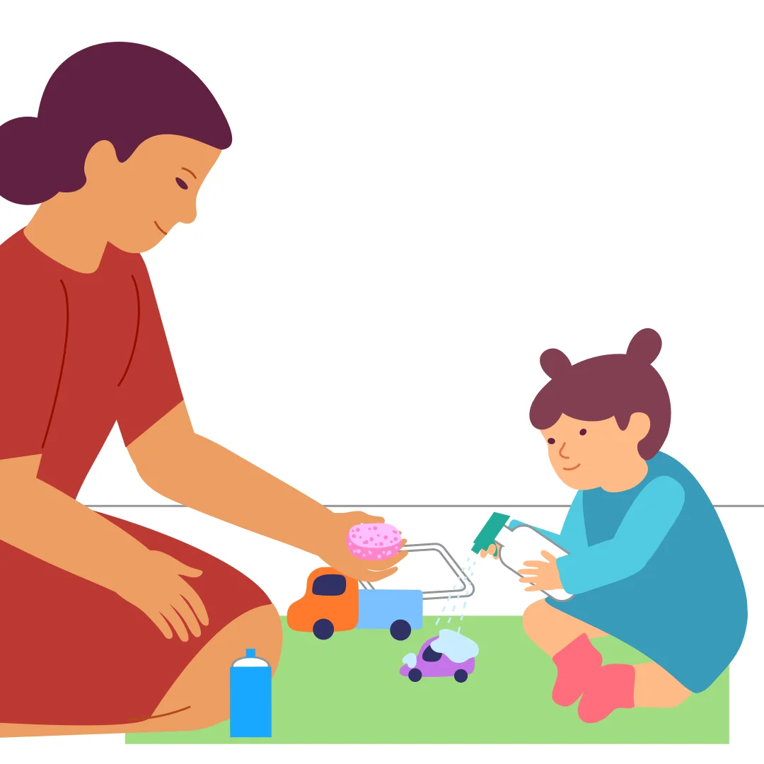 Illustration for “Car Wash with Cars”, step 3: Say: “A dirty car arrived at the car wash.” Hand your child the spray bottle with just a little water inside.