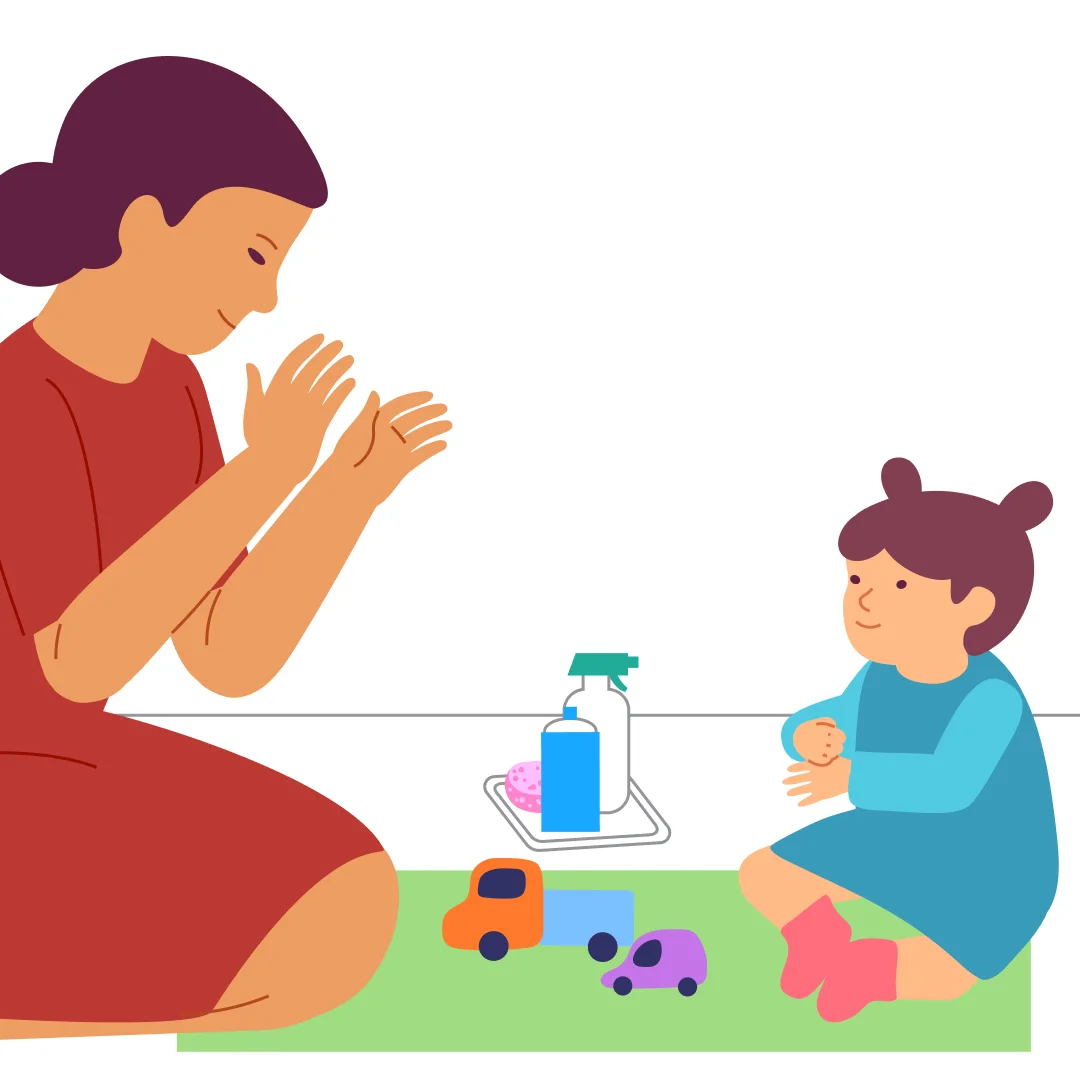 Illustration for “Car Wash with Cars”, step 4: Celebrate the result: “Now the car is clean!” Ask: “Tell me, what did you do?” Wait for any response—a washing gesture or a word like “wash,” “clean.” Help them build a phrase: “Let’s say it to