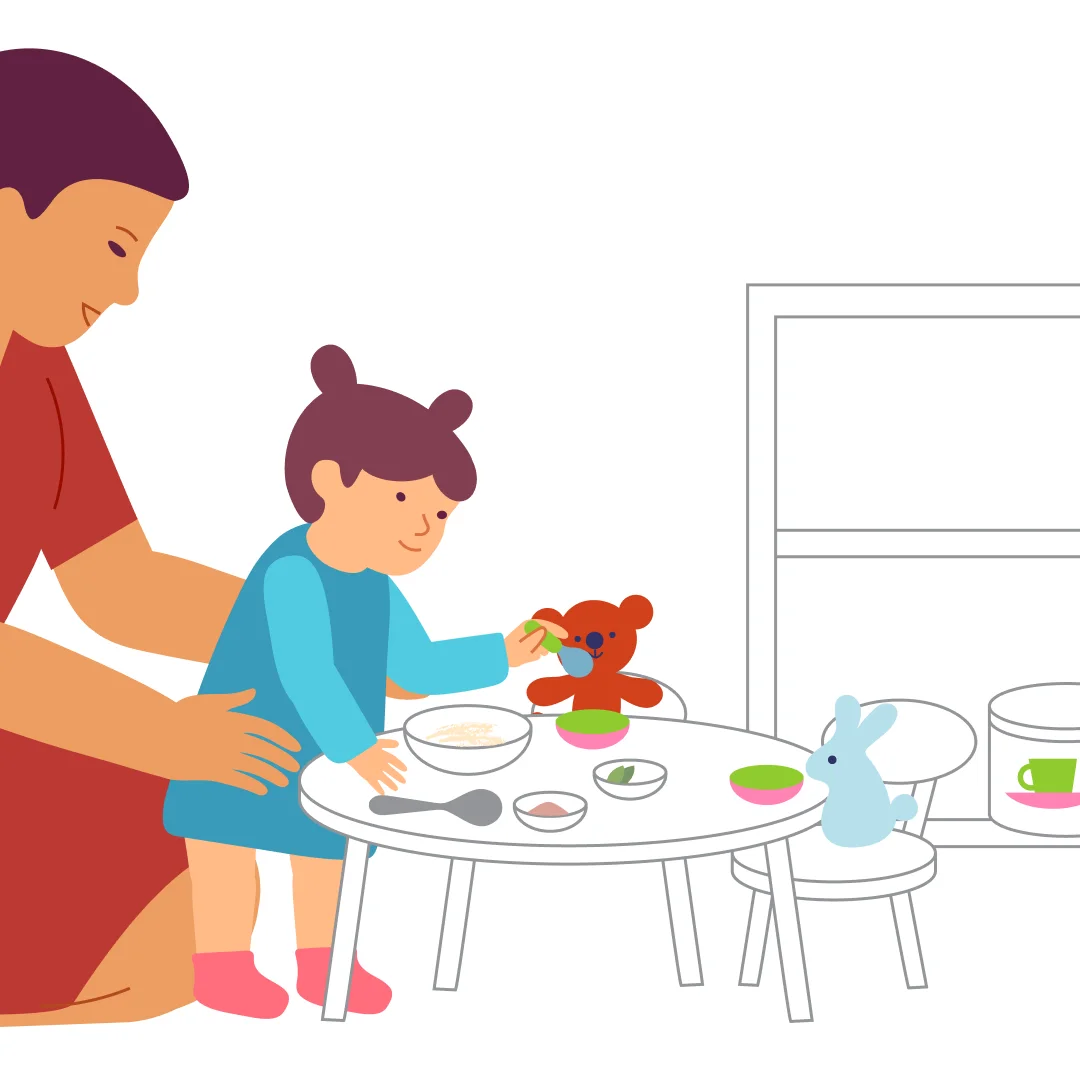 Illustration for “Cooking Magic Soup”, step 5: Add a couple of toy “guests.” “Look, our friends came to visit!