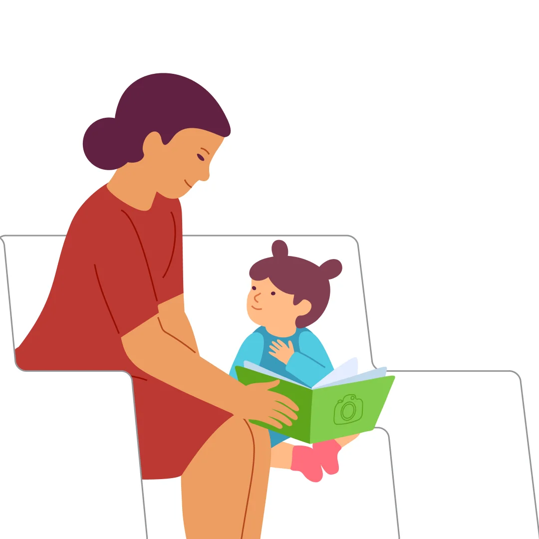 Illustration for “Photo Memories”, step 2: Then ask your child questions: “Now you tell me what you see?” Use different prompts—let your little one answer “where” and “what kind,” and also name the person and their action: “Who is this?