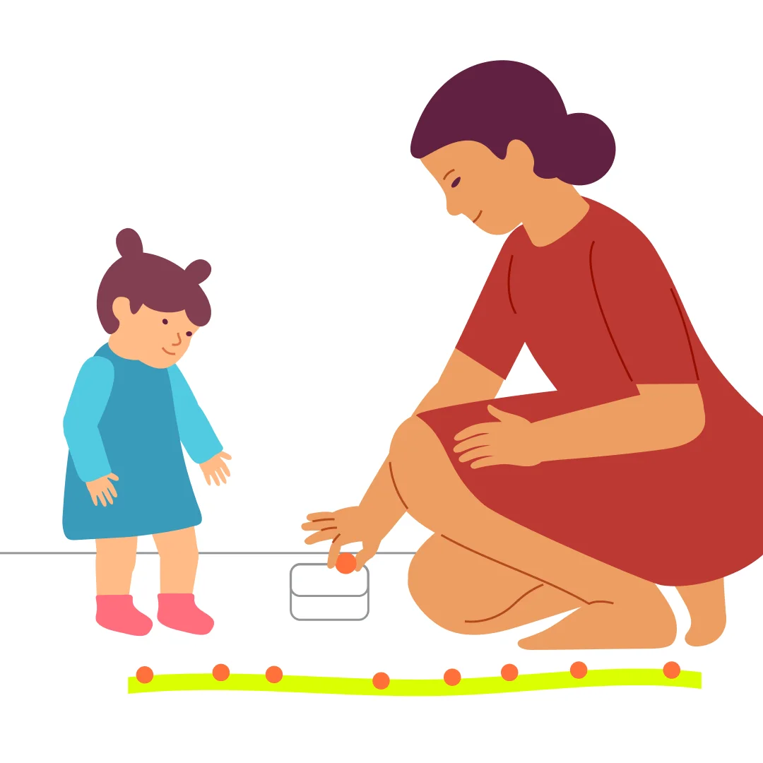 Illustration for “Collect Apples”, step 1: Lay a strip of tape on the floor, about 1.5 m long, and press it down firmly so it’s secure.