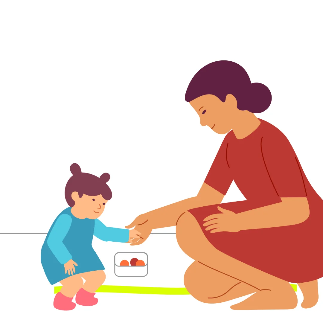 Illustration for “Collect Apples”, step 3: Standing up from a squat can be hard at this age.