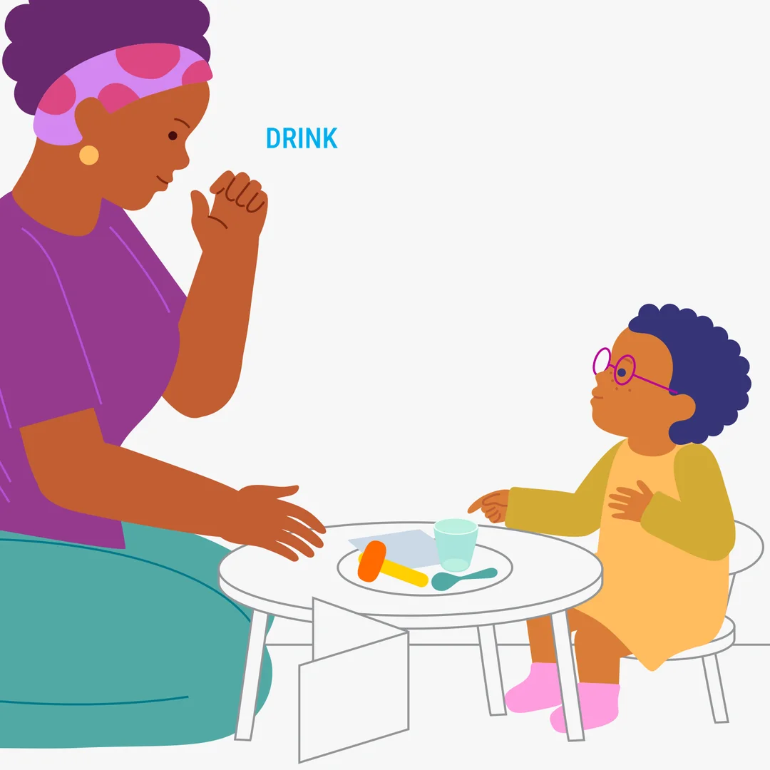 Illustration for “What's That Sound? (Household Noises)”, step 1: Prepare the materials: a screen, a tray with sound-making objects — a cup and a spoon, a sheet of paper, and a wooden hammer.