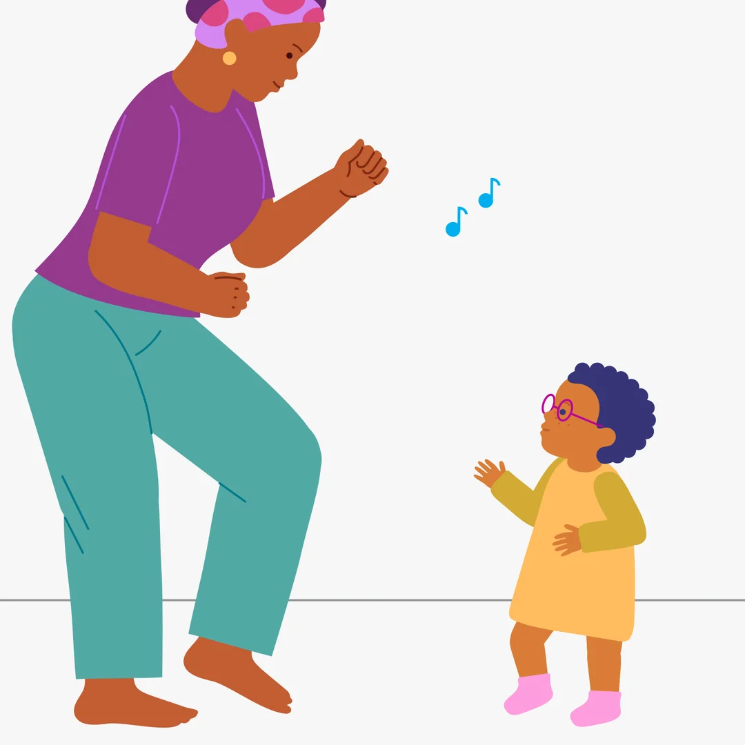 Illustration for “"Walking, walking, stop!"”, step 3: Ask your child, “Shall we walk some more?” If your little one wants to continue, go back to the first verse and start walking and singing again.