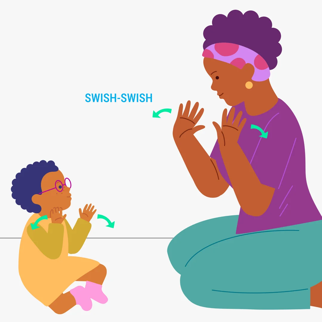 Illustration for “The Wheels on the Bus: An Action Rhyme”, step 2: Move your hands from side to side, like wipers.