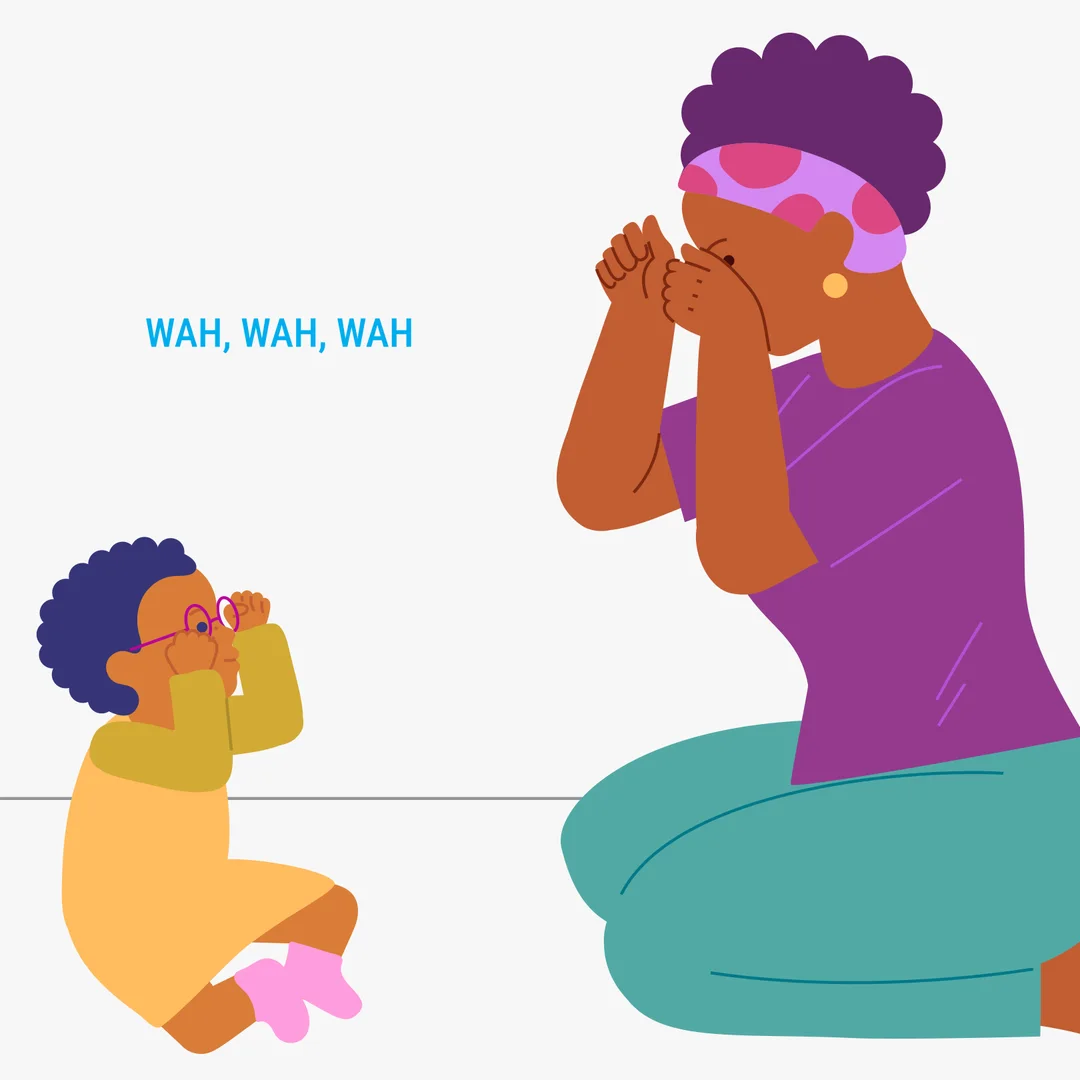 Illustration for “The Wheels on the Bus: An Action Rhyme”, step 4: Rub your fists near your eyes to show how the babies are “crying”.