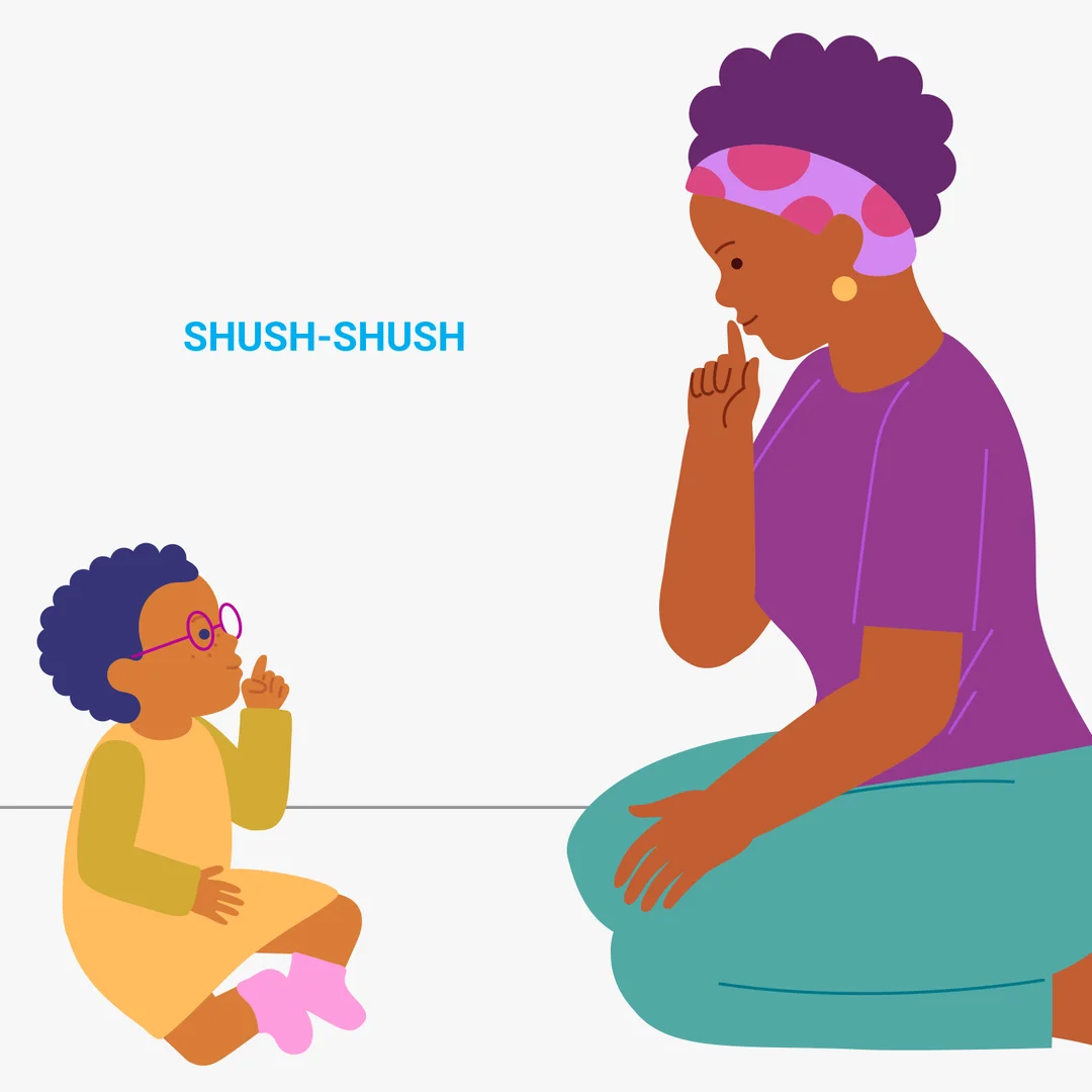 Illustration for “The Wheels on the Bus: An Action Rhyme”, step 5: Put your finger to your lips: "shhh." Say: "The mummies on the bus go "shush, shush, shush" — shhh, shhh, shhh.