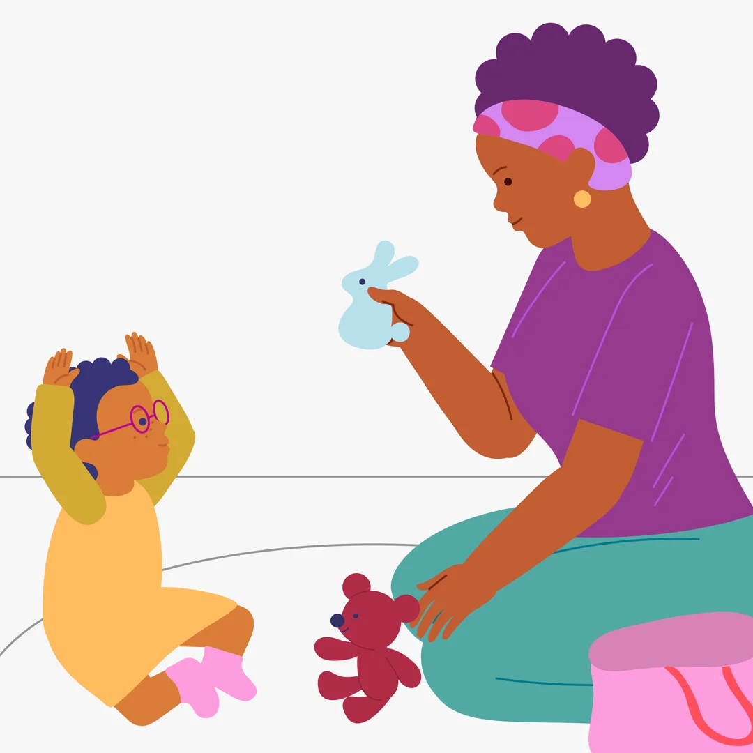 Illustration for “Animal Playtime”, step 1: For this game, you will need soft toys: a bear and a bunny, and a bag that contains a hat, a cup, and a comb.