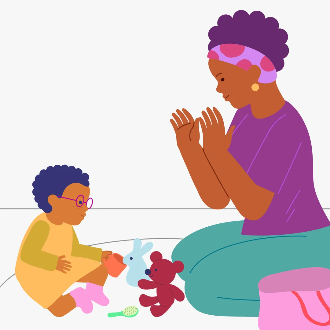 Illustration for “Animal Playtime”, step 3: Say, “The bunny is thirsty.” Give the child the cup (or wait for them to ask for it) for the bunny.