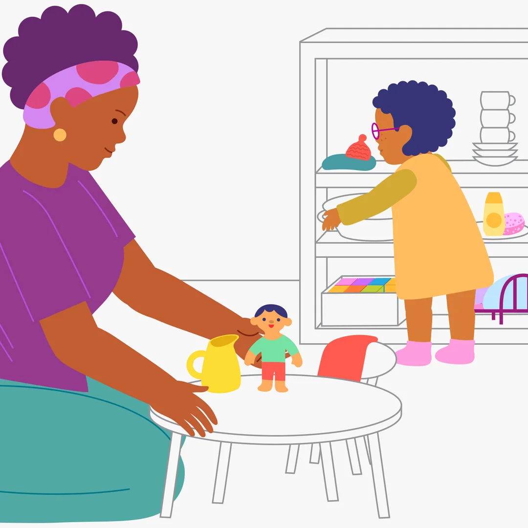 Illustration for “Bath Time for Dolly”, step 1: Tell your child, “Let’s give our doll Dolly a bath!” Look together at what you will need: a tub, the doll, a sponge, a towel, and a pitcher of warm water.