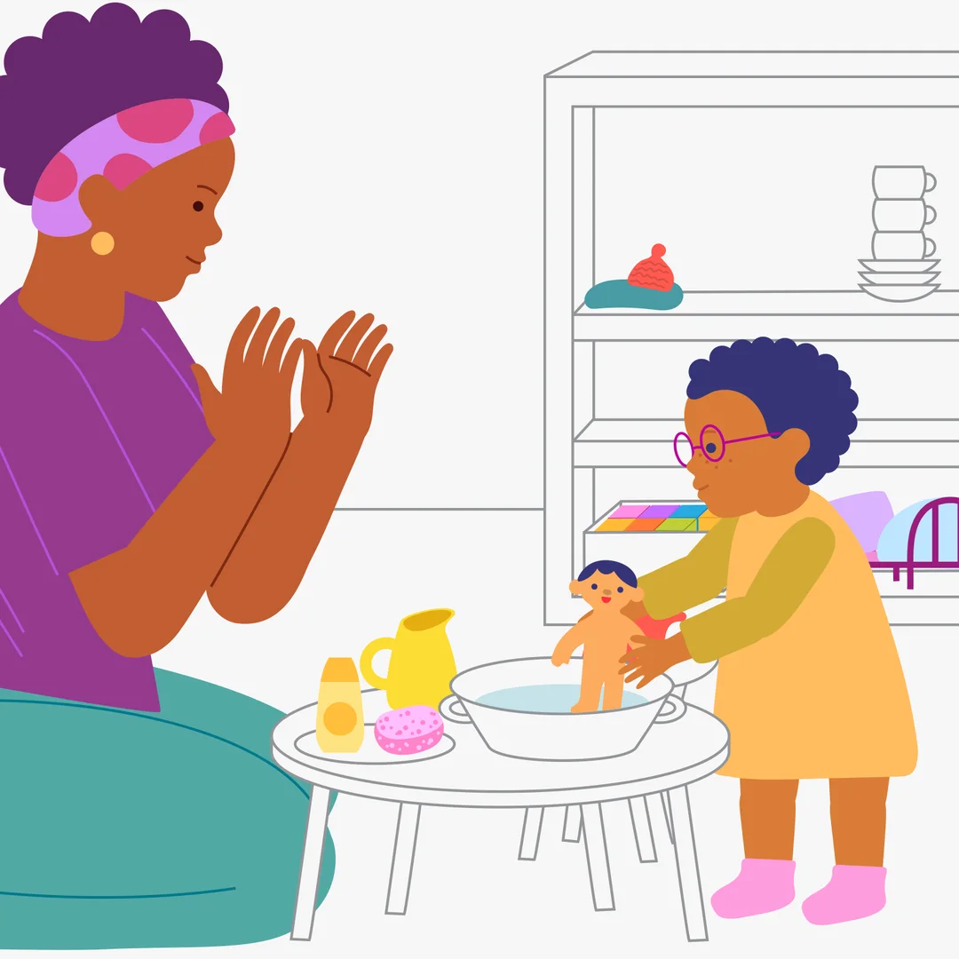 Illustration for “Bath Time for Dolly”, step 2: Suggest to your child to pour water from the pitcher into the tub: “Pour the water into the tub.” Say, “Everything is ready for the bath.
