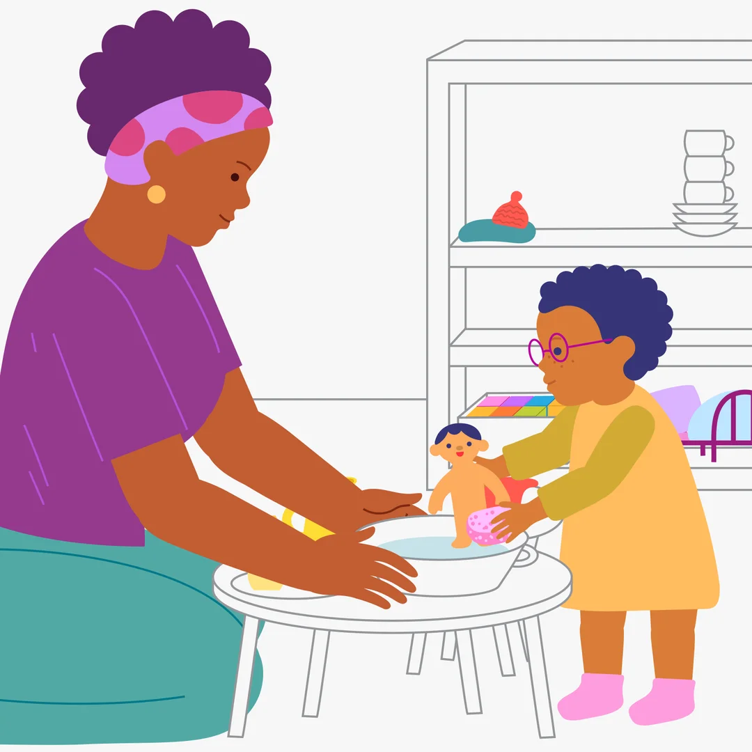 Illustration for “Bath Time for Dolly”, step 3: Give the child the sponge and ask, “What will you wash first?” Comment on each action, always naming body parts: “You are washing her head.” “Now her shoulders.” “Her arms, legs, back, and tum