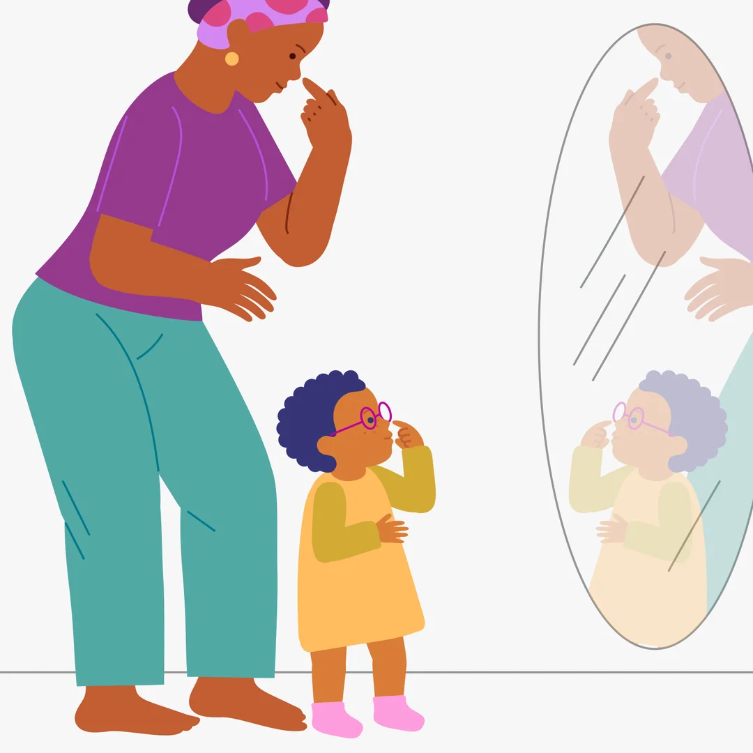 Illustration for “My Body: Show and Tell!”, step 3: In the third verse: Head, shoulders, mouth and nose, mouth and nose.