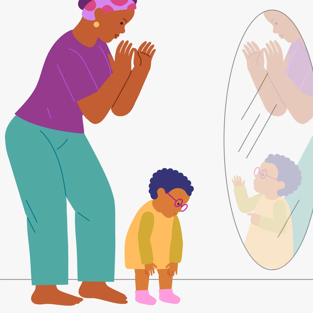 Illustration for “My Body: Show and Tell!”, step 4: If your child is interested, suggest singing the first verse again: Head, shoulders, knees and toes, knees and toes.