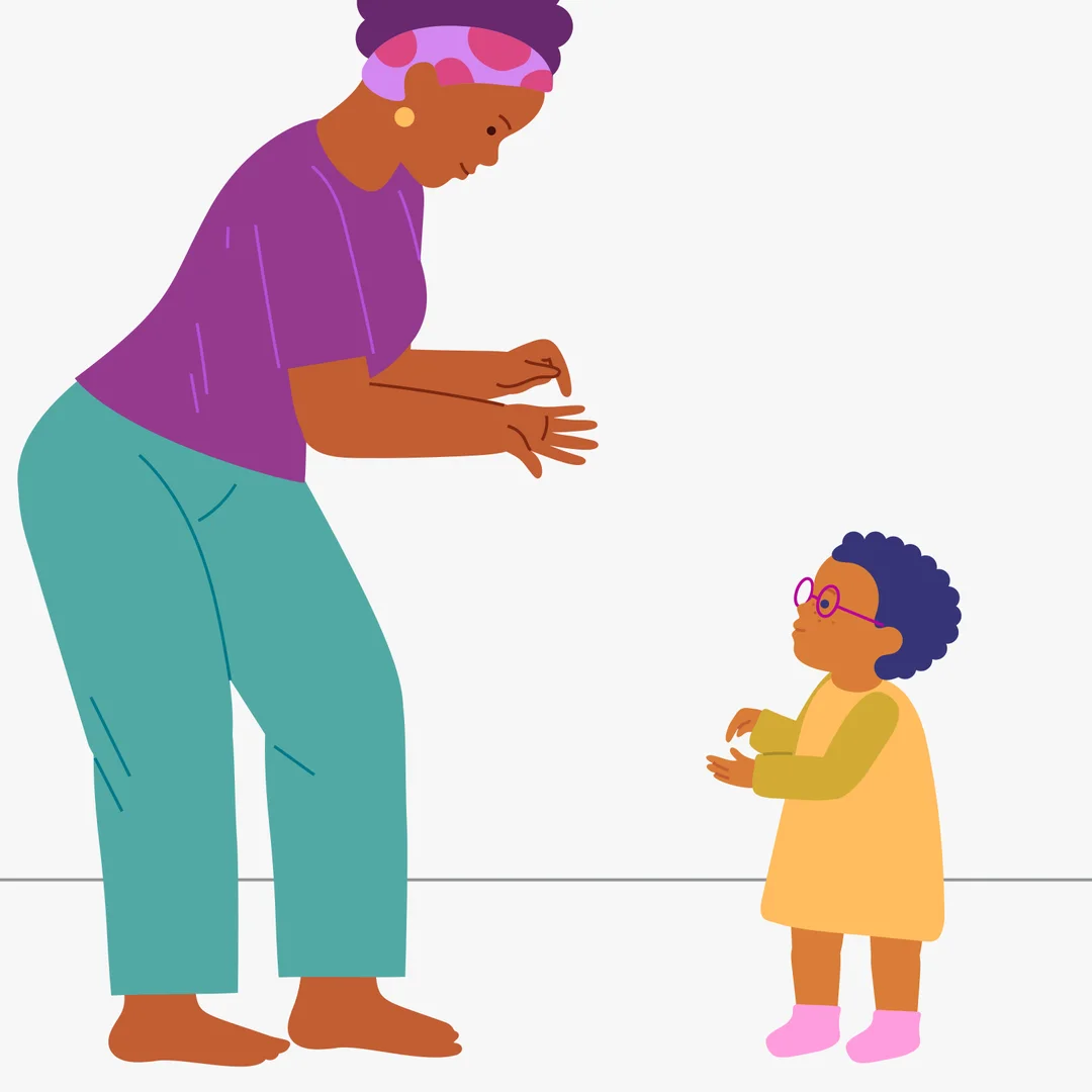 Illustration for “Loud and Quiet”, step 4: Quiet again: Chickie says, "Cheep, cheep!" (Lightly “peck” the palm of one hand with a finger of the other hand, like a chick.) So very, very quiet.