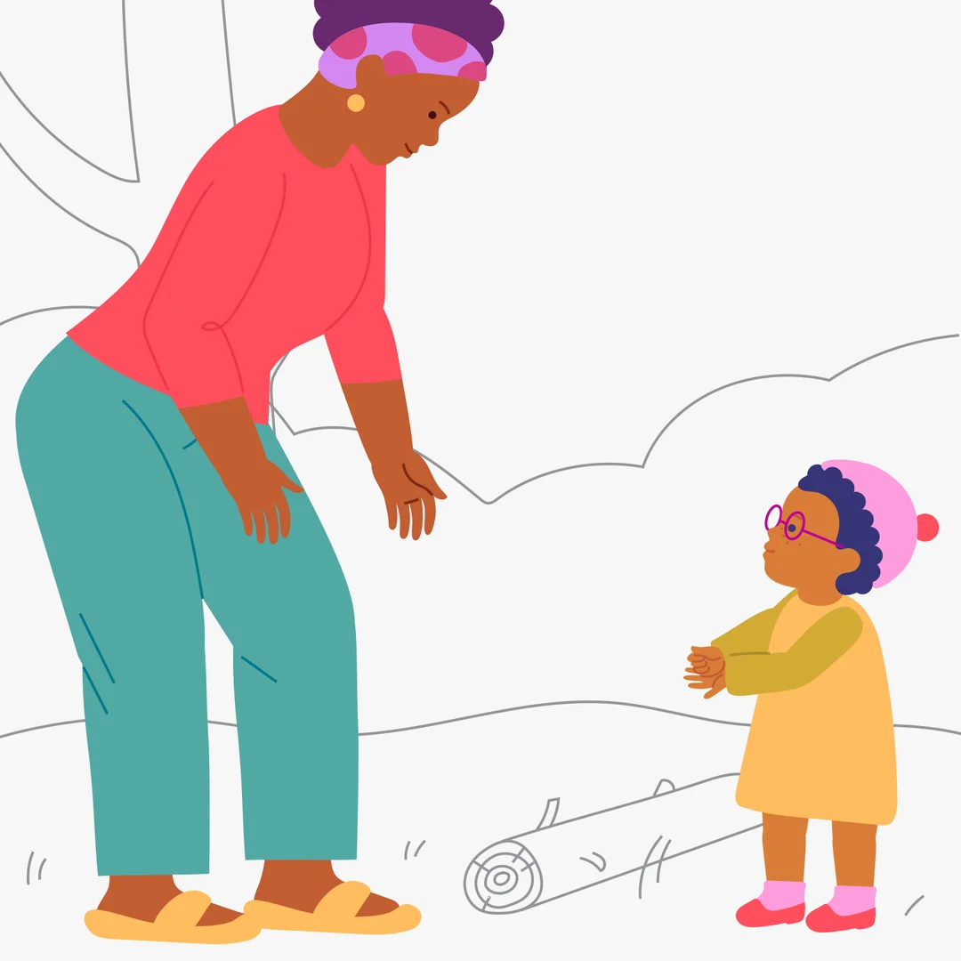 Illustration for “Park Adventures!”, step 3: Continue your walk and whenever similar situations come up (climbing a slide, stepping over a log), use the gesture and the words: "help", "help me".
