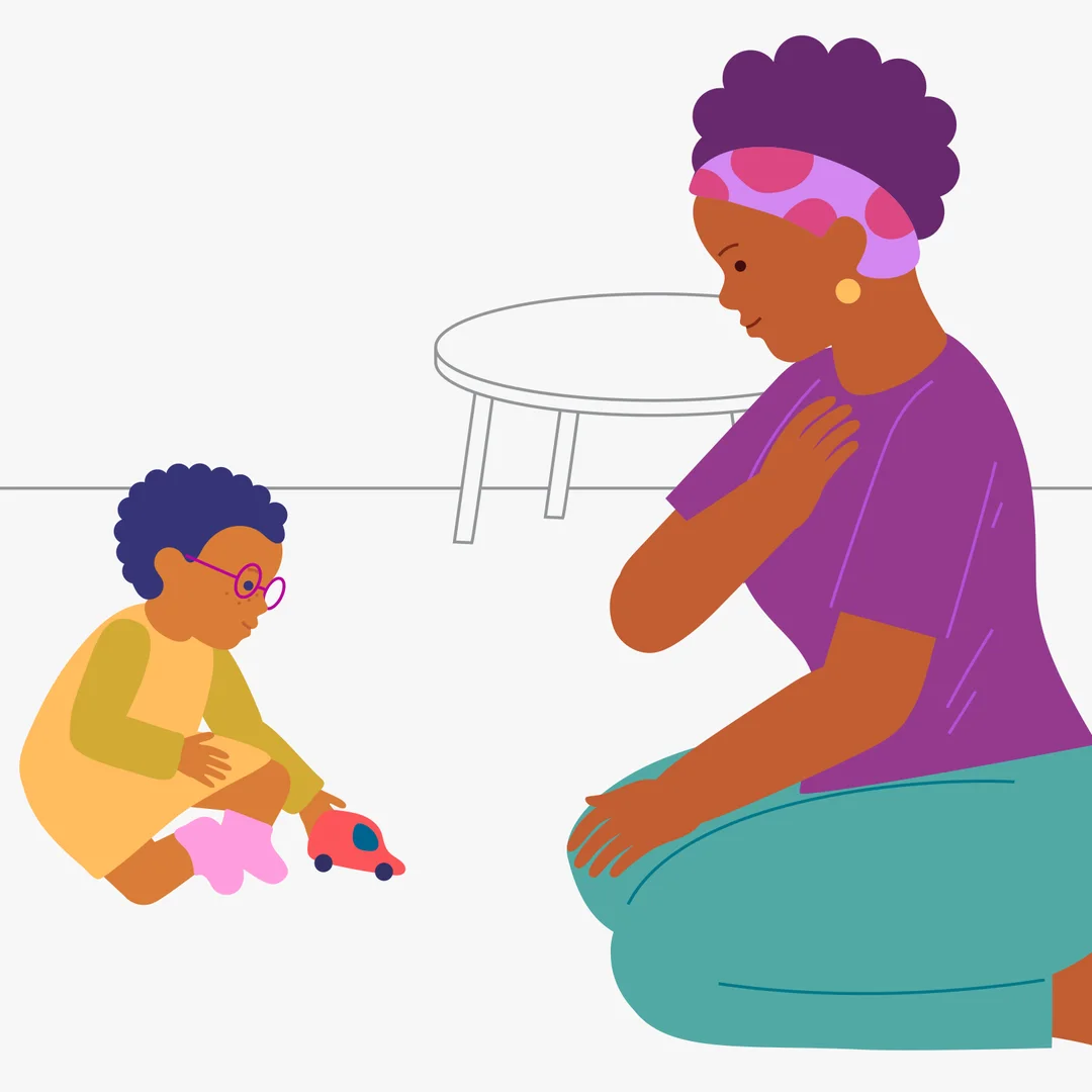Illustration for “Home Adventures: Helping Mom!”, step 2: Roll and gently push the car towards your child: "Brrr, the car is driving to you!" Ask your child: "Now push the car to me!" Play by rolling the car back and forth to each other: "N