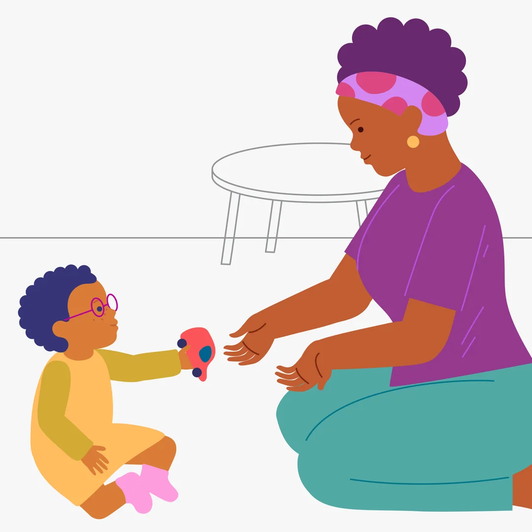Illustration for “Home Adventures: Helping Mom!”, step 4: When your child understands where the toy car is, give the next instruction while showing the gesture: “Help me!” (hold out both hands, palms up) “Give me the car!” (hold out one han