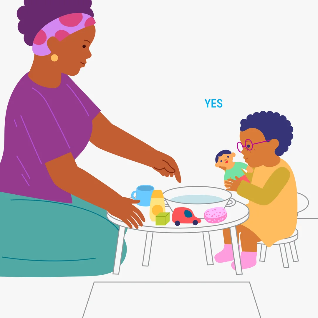 Illustration for “Getting Dolly Ready for Her Bath”, step 2: Approach the table together.