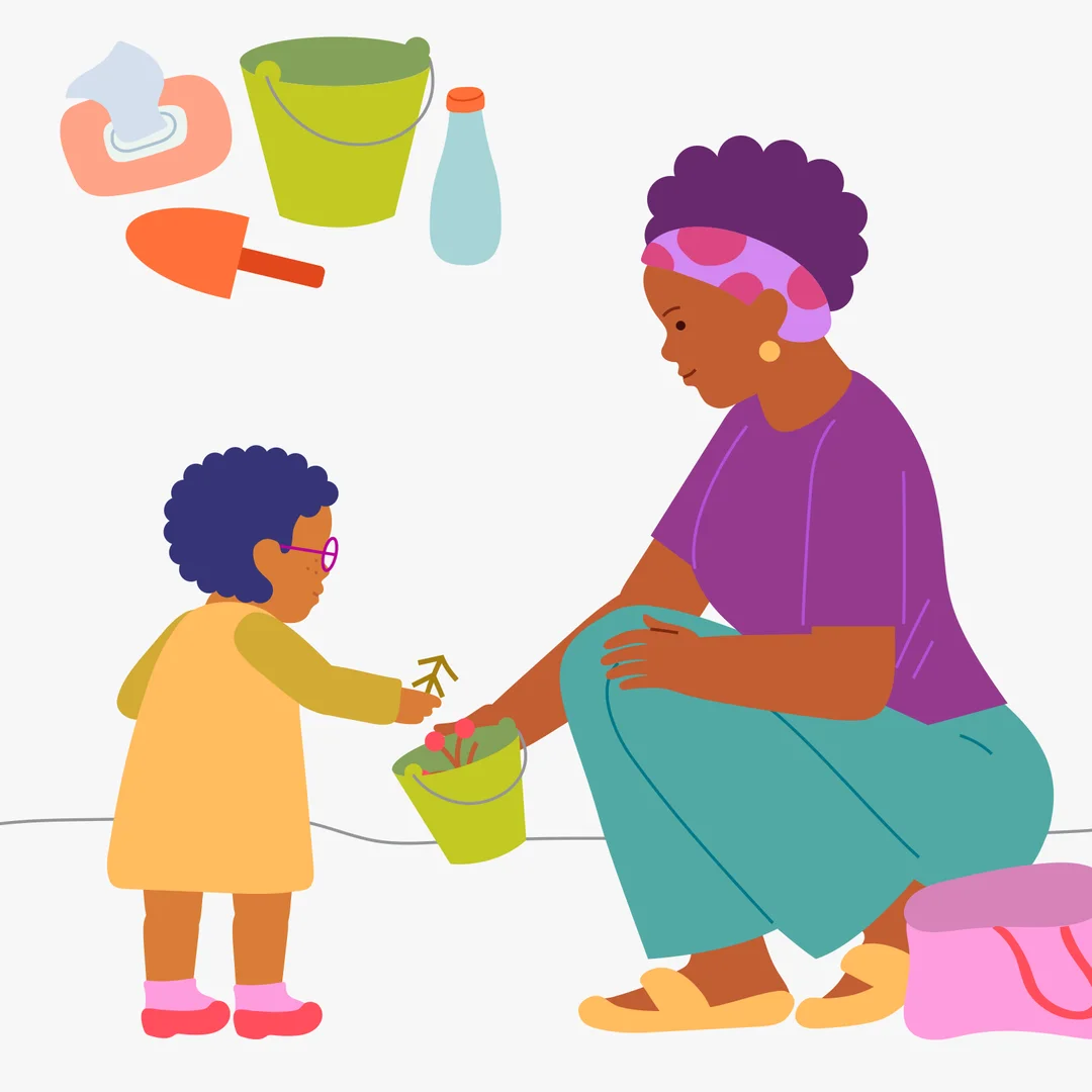 Illustration for “Sandbox Adventures: Planting Trees in the Wet Sand”, step 1: Pack these things in your walk bag:  Your child’s usual outdoor toys - A bucket - A spade - A bottle of water - Hand wipes During the walk, invite your child to 
