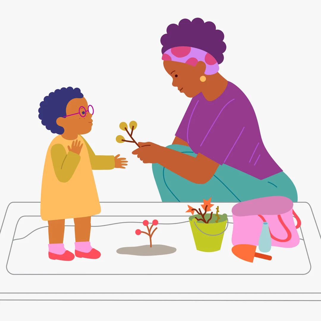 Illustration for “Sandbox Adventures: Planting Trees in the Wet Sand”, step 3: Show how to stick the first branch into the wet sand: — "Look how pretty it is!