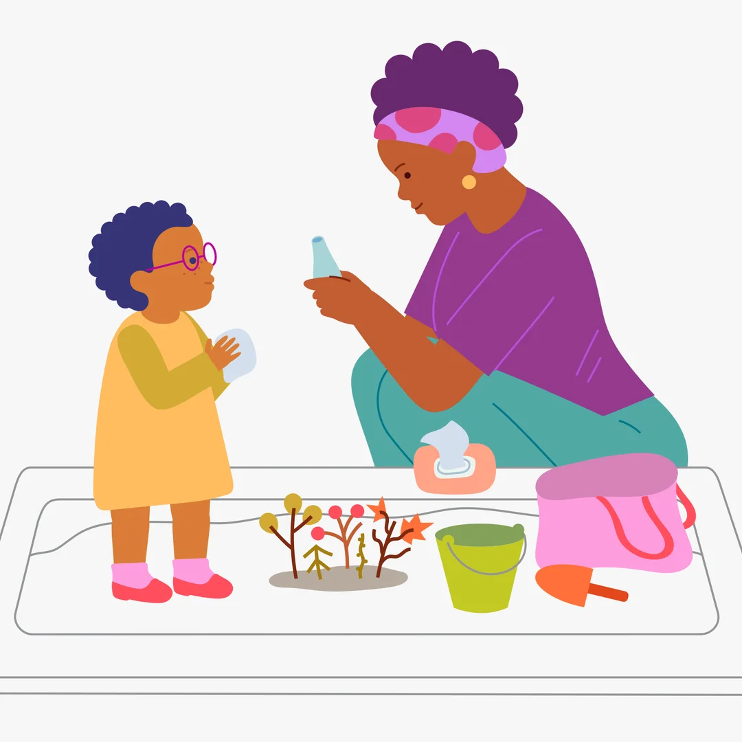 Illustration for “Sandbox Adventures: Planting Trees in the Wet Sand”, step 4: When the branches are all used, remind your child: — “Your hands are dirty.