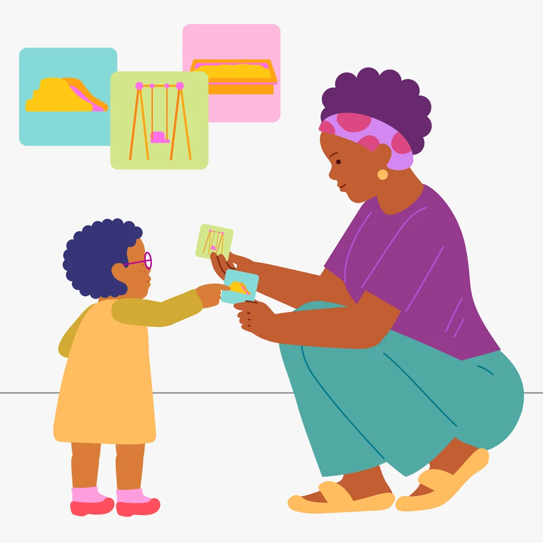 Illustration for “Walk Fun”, step 1: Take a few cards or photos with pictures of your child’s favorite playground activities: Swings, Slide, Sandbox.