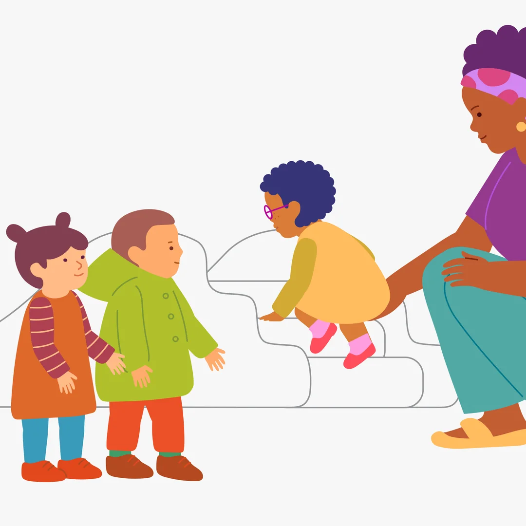 Illustration for “Walk Fun”, step 3: When it’s your child’s turn, say: “Now it’s your turn, climb up the slide!” Help as needed: support them when climbing up, sitting down, sliding, and remind them to move aside after they come down.