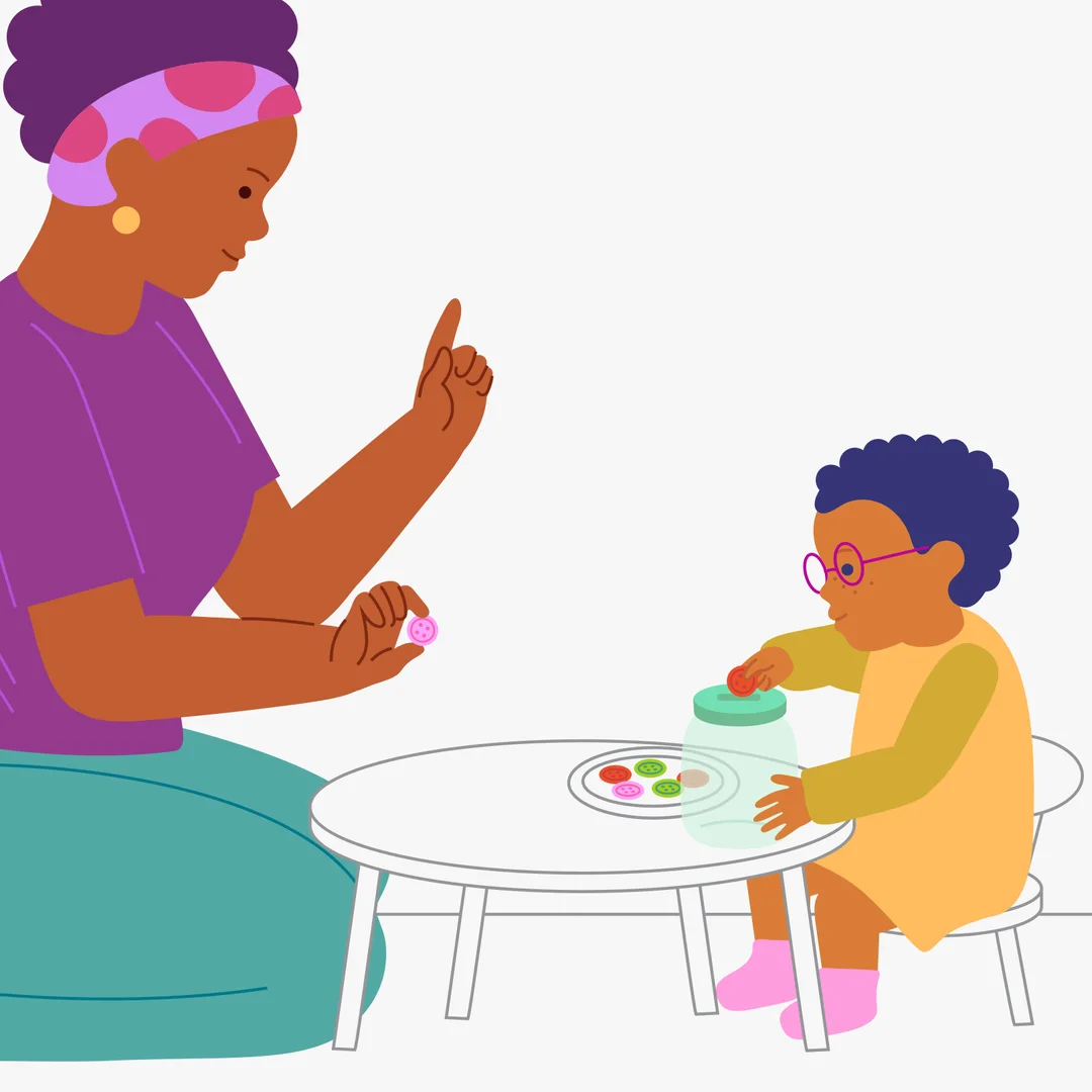Illustration for “One and Many”, step 2: Place the box with the slot in front of your child.