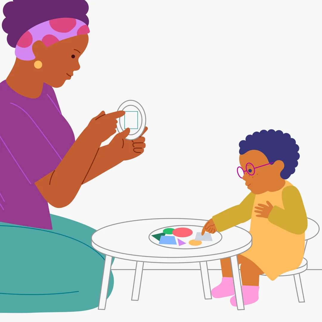 Illustration for “Sort It onto the Plates”, step 2: Place the plate with the square in front of your child: “This is a plate with a square.