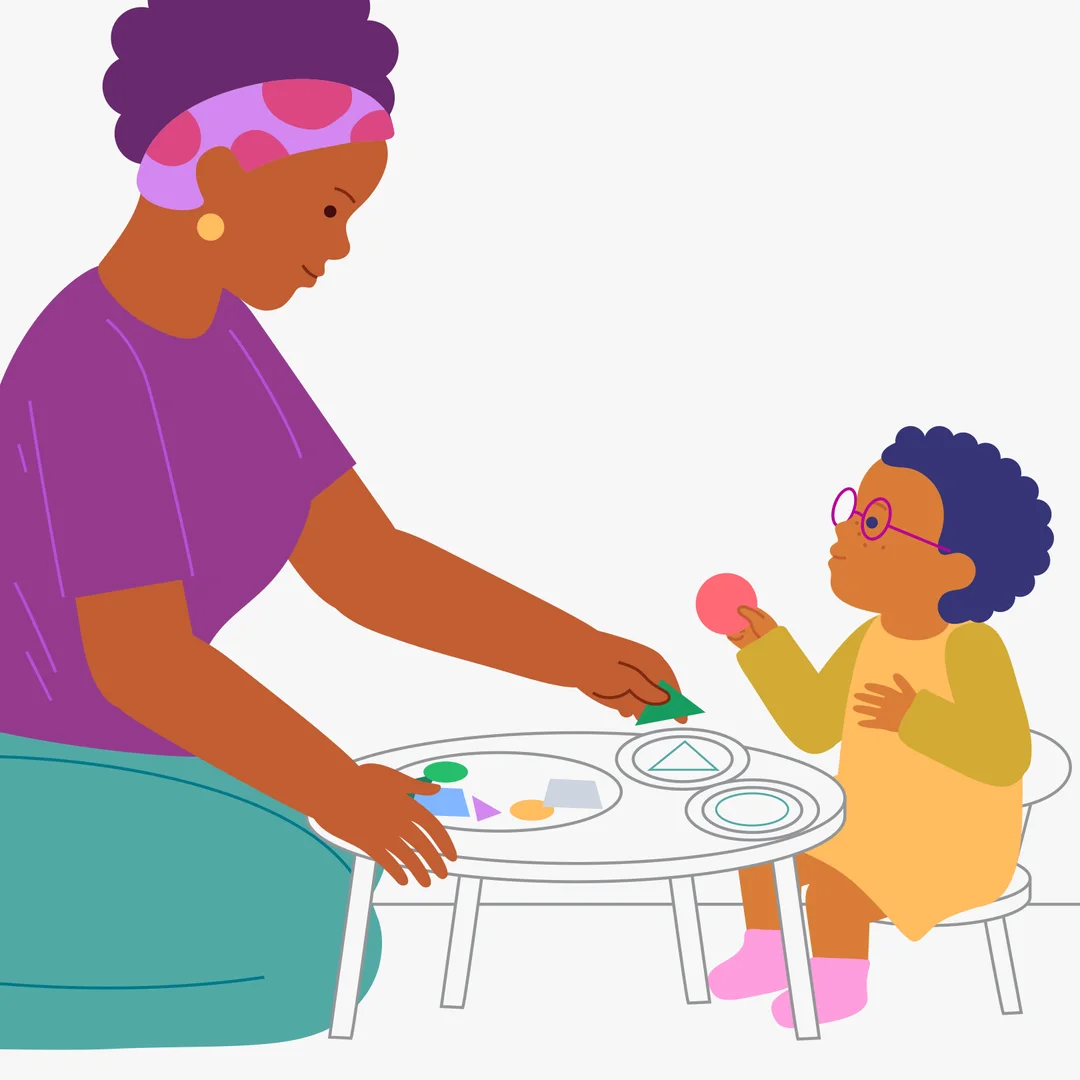 Illustration for “Sort It onto the Plates”, step 3: Put away the plate with the squares and place the two remaining plates: “Here is the plate with a circle and the plate with a triangle.” “Put the remaining shapes on the right plates: circ