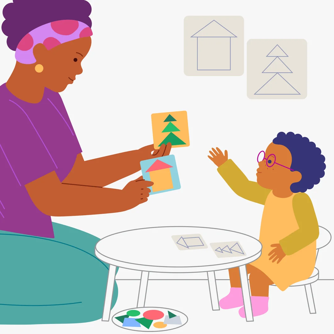 Illustration for “Make a Pretty Picture”, step 1: Materials for the activity: Flat colored geometric shapes (plastic or cardboard): circles, squares, triangles of different sizes.