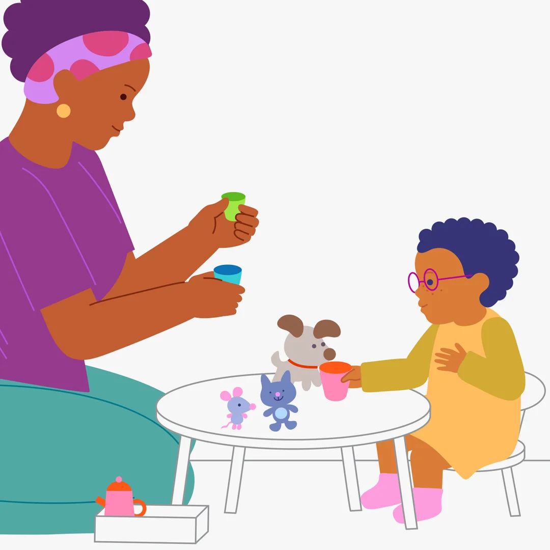 Illustration for “Wonderful Tea Party”, step 2: Say:“Our guests want to drink tea.” Take out the three stacking cups: “Here are the cups.