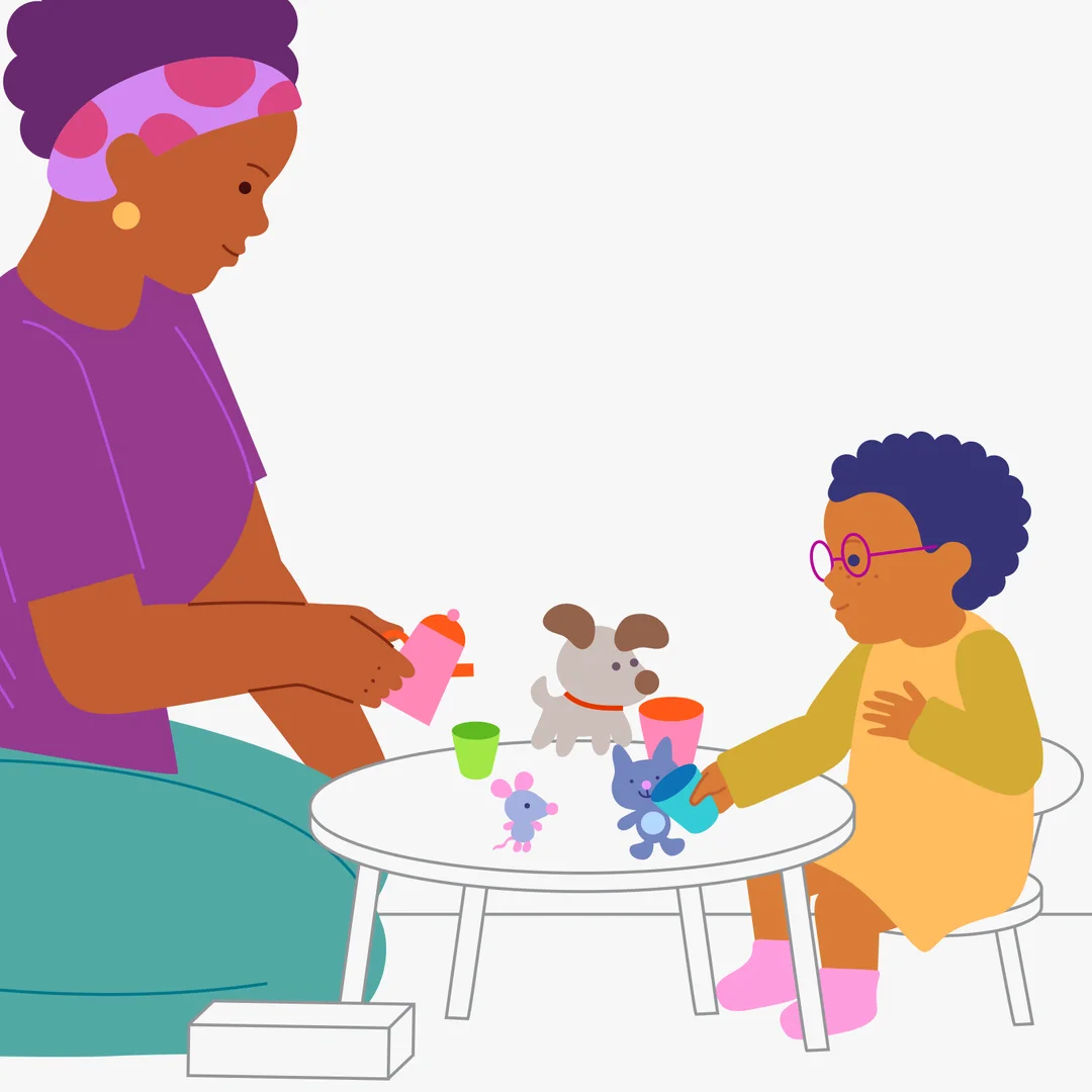 Illustration for “Wonderful Tea Party”, step 3: Take out the teapot: “Now we will pour tea for everyone.” (Pretend to pour and invite your child to copy you).