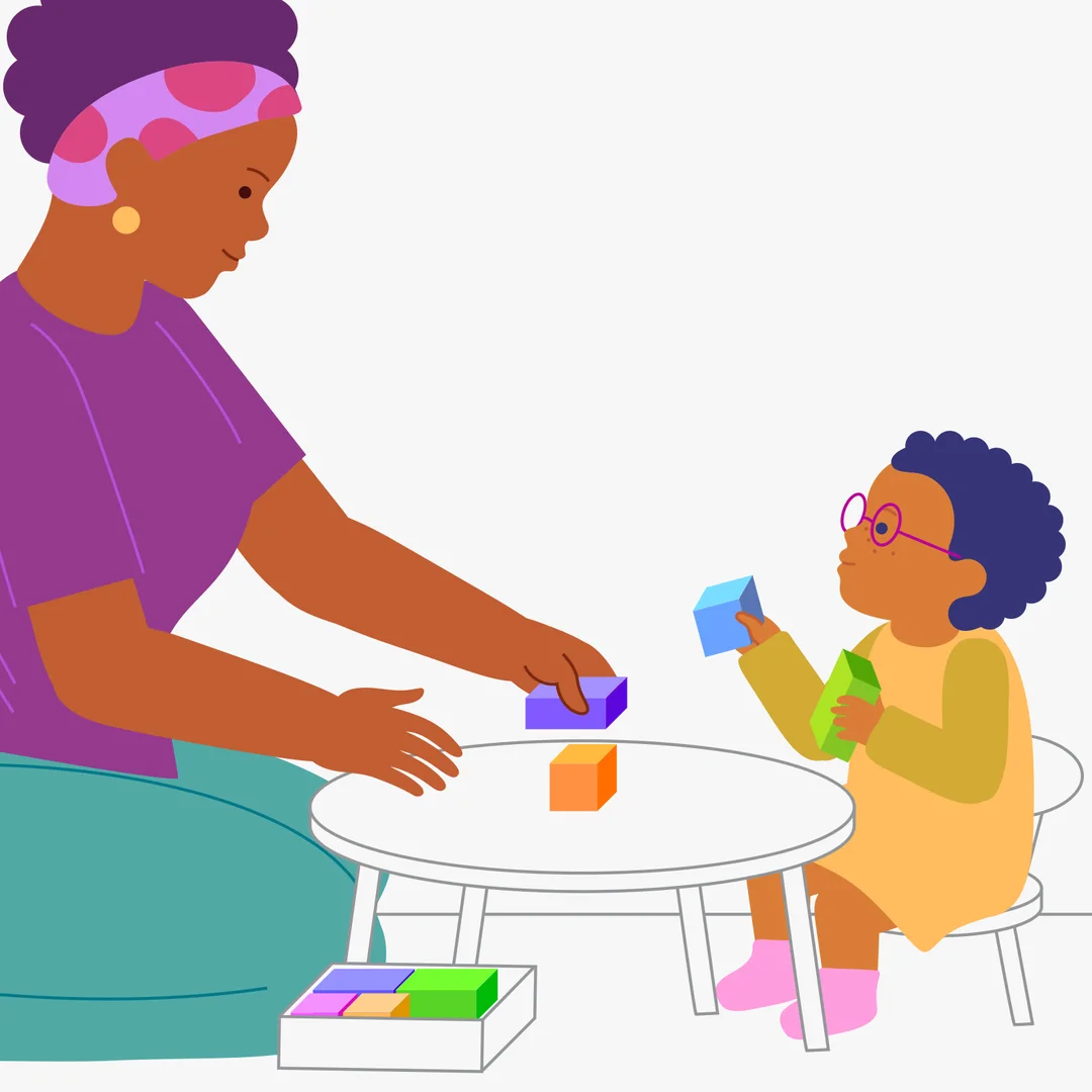 Illustration for “Building Block Furniture for a Mouse”, step 1: Ask your child to look at the box with blocks.