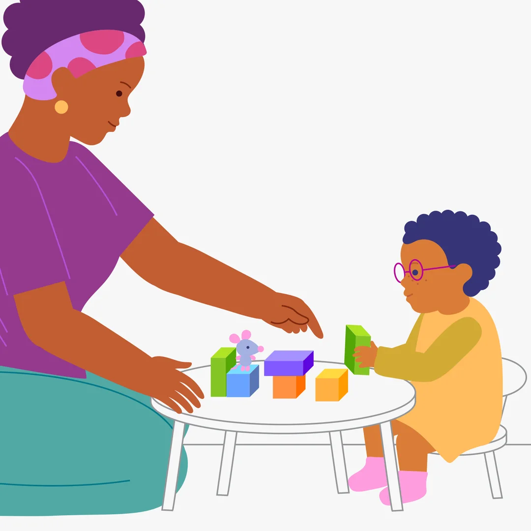 Illustration for “Building Block Furniture for a Mouse”, step 3: Ask your child:“What do you want to build for the mouse?” Wait for your child’s answer - your child may say a word, make a gesture, or simply point to one of your builds.