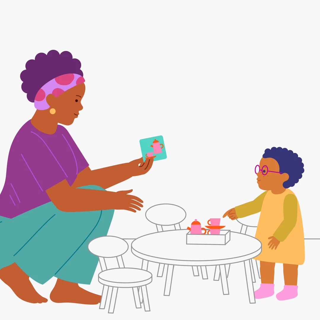 Illustration for “Where Are We Going and What Will We See?”, step 1: What you need for the game: Pictures with toys and household objects (for example: an owl, a dog, a bear, a tea set).