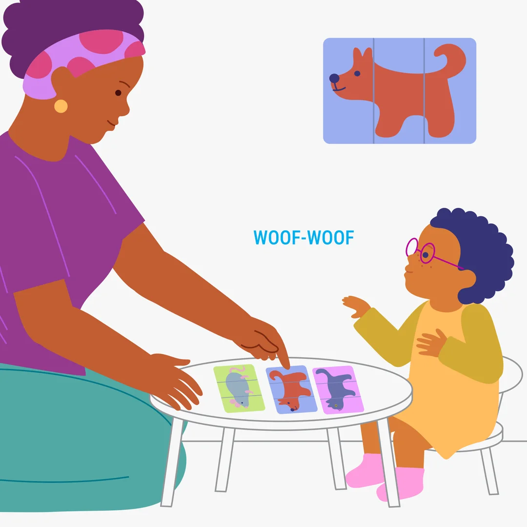 Illustration for “Fix the Picture”, step 1: For this activity you need cut-up animal pictures — each made of 3 parts with a simple cut (for example: head, tummy, tail/paws).