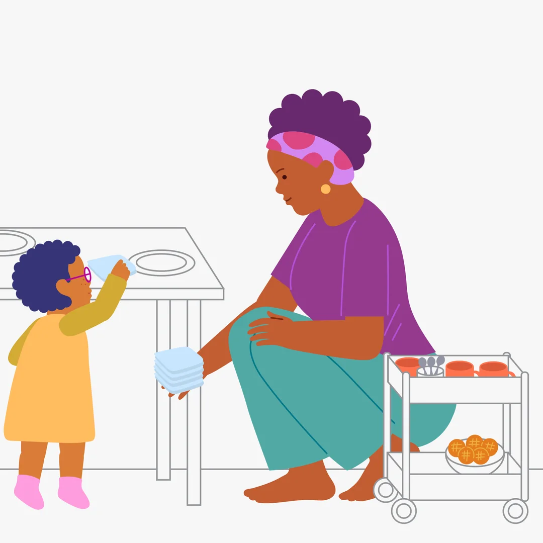 Illustration for “Family Meal”, step 1: Organize a family meal and invite your child to help set the table.