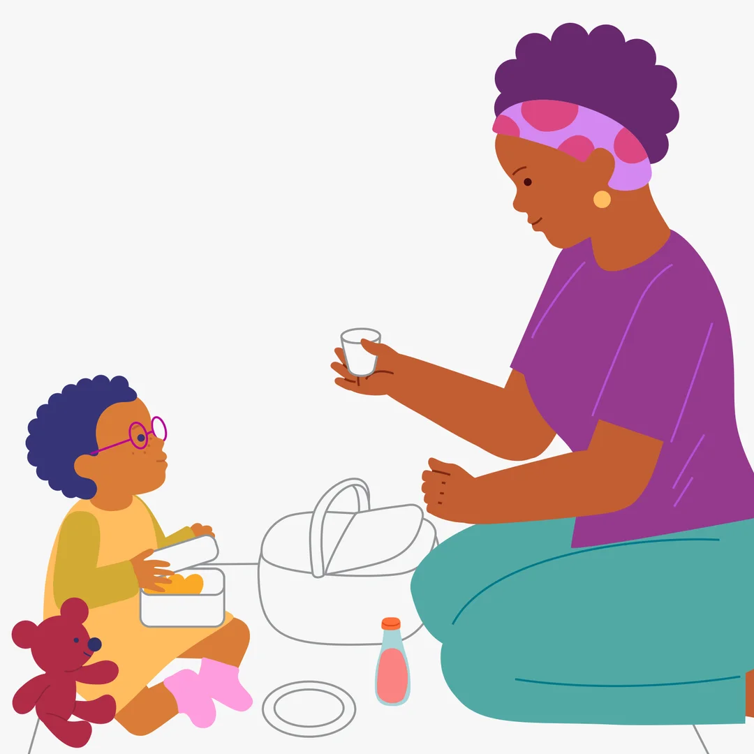 Illustration for “Going on a Picnic”, step 4: At the picnic, involve your child: “Please pass me a cup.” “Unscrew the cap on the bottle.” “Open the container with the pies.”  After the picnic, involve your child in cleaning up the rubbish a