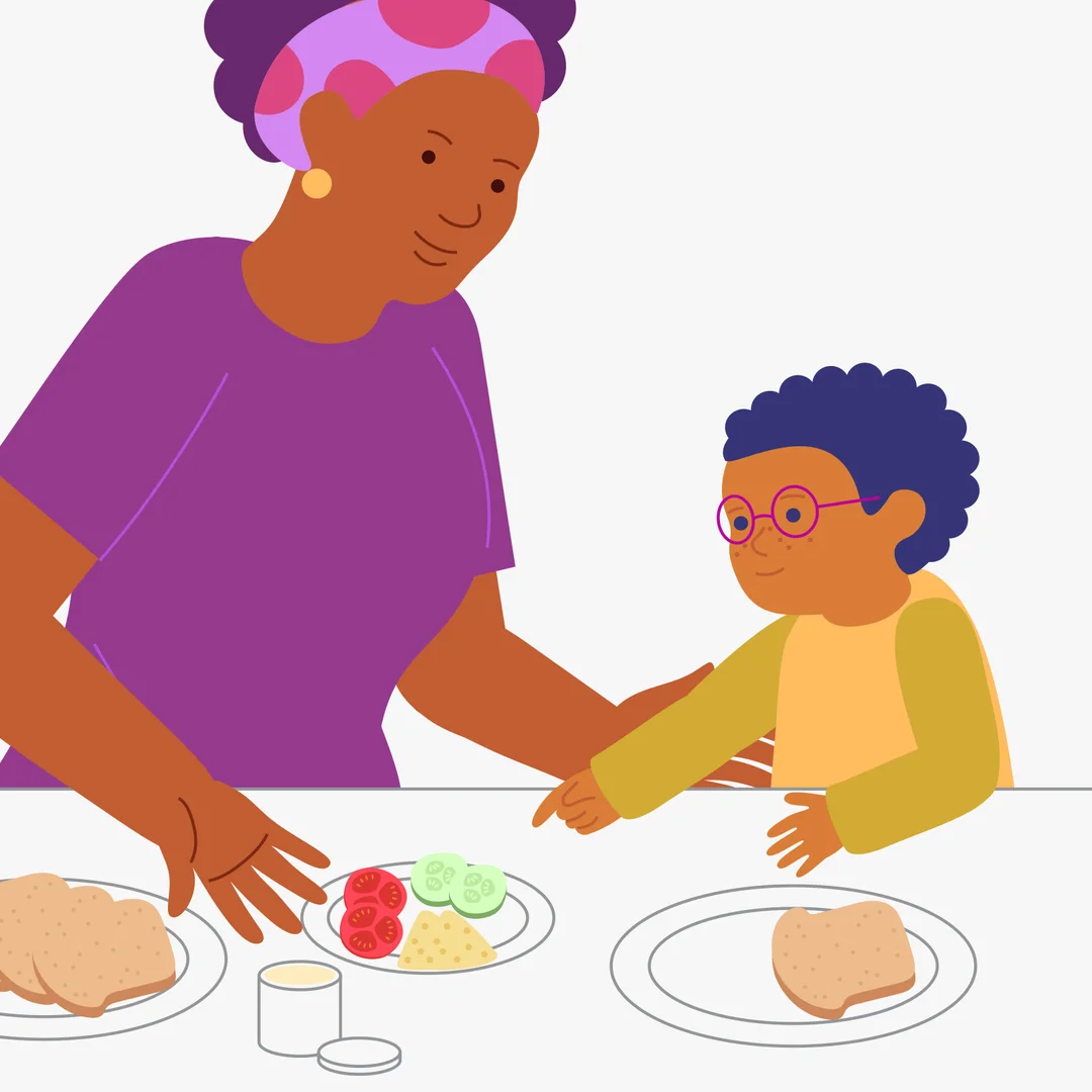 Illustration for “Making Sandwiches”, step 2: Put a convenient flat plate for the finished sandwiches on the table: “We will put the sandwiches here.” Show the ingredients and say: “Here is the bread.