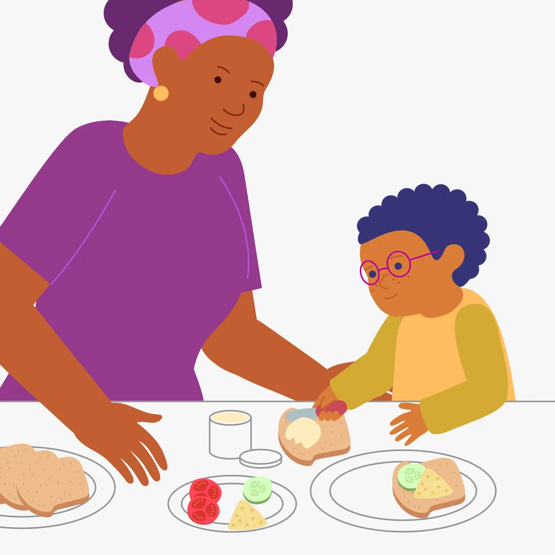 Illustration for “Making Sandwiches”, step 3: Guide the process step by step and make pauses: “Take one piece of bread and put it on the board.” “Put a little cheese on the bread.