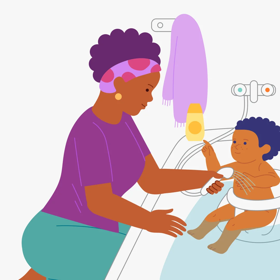 Illustration for “Shampoo Time!”, step 1: Let your child choose a shampoo with a pleasant smell and “no tears” label – let your child smell the bottles.
