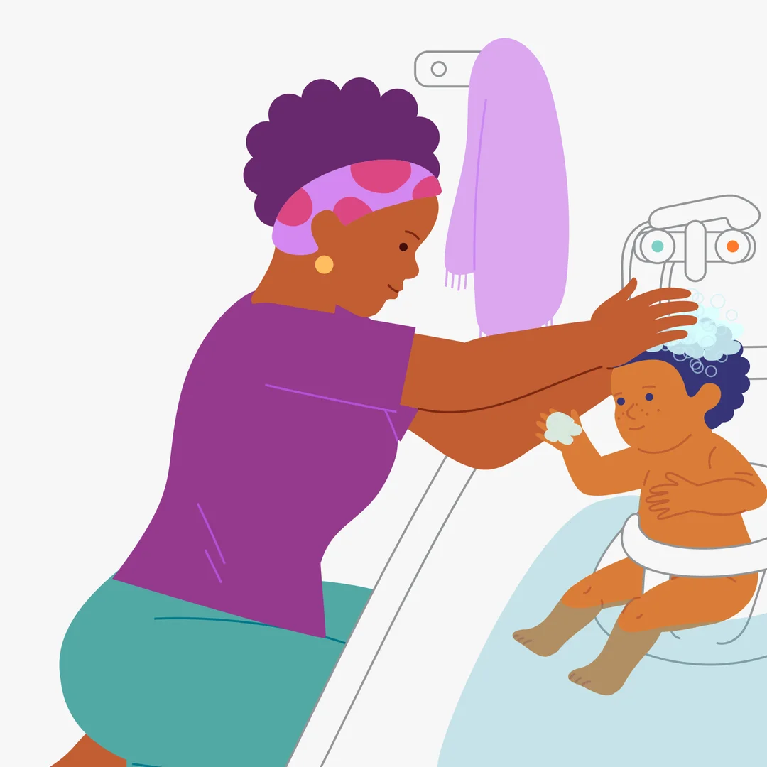 Illustration for “Shampoo Time!”, step 2: Say to your child: “Now we are going to wash your hair with the shampoo you chose!”  The adult puts a little shampoo on their hands and lathers it up: “Now I will wet your hair, put on the shampoo a