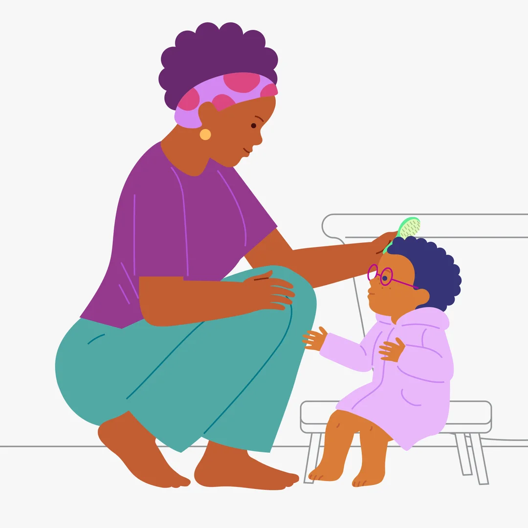 Illustration for “Shampoo Time!”, step 4: Take off the visor and immediately put a hooded towel on your child’s head: “Let’s pat your hair dry, do you want to help?”.